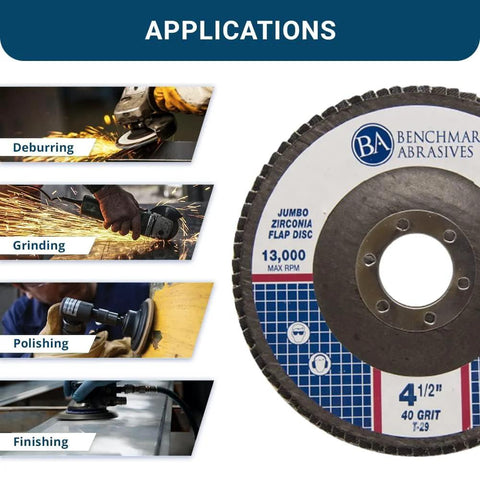 Front view of Benchmark Abrasives jumbo zirconia flap disc, 4.5 in, 40 grit, 13,000 RPM