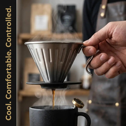 Hand using Reusable Stainless Steel Coffee Dripper For Pour Over Coffee with handle, filtering into a black mug
