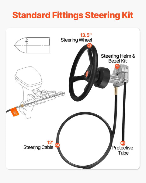 Heavy Duty Boat Steering System Kit With 12 Ft Steering Cable And 13.5 Inch Wheel, Three Quarter Inch Tapered Shaft diagram