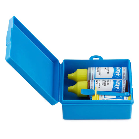 Game Changing Pool And Spa Water Test Kit FAS DPD Chlorine Drops in blue case with yellow dropper bottles visible.