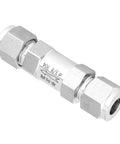 Stainless steel inline check valve with female BSPP threads and hex nut ends, 3/8 inch.