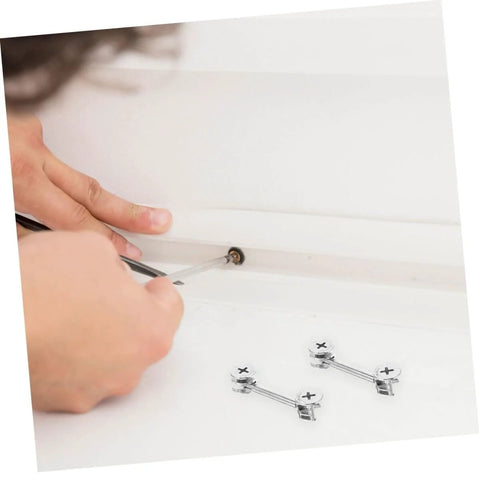 Person installing 20 Sets Furniture Connecting Cam Fittings Kit Connectors Dowels for Cabinets, lightweight and durable metal hardware