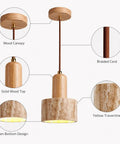 Wood Pendant Light with Natural Travertine Shade, Mini E27 Socket Droplight featuring solid wood top and yellow travertine shade.