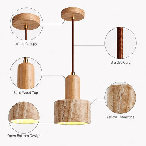 Wood Pendant Light with Natural Travertine Shade, Mini E27 Socket Droplight featuring solid wood top and yellow travertine shade.