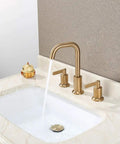Two Handle Widespread Bathroom Sink Faucet With Pop Up Drain Brushed Gold 8 Inch 3 Hole Lavatory Faucet Easy Install With Quick Connect Hoses Solid Brass Waterways Lead Free Certification on marble sink