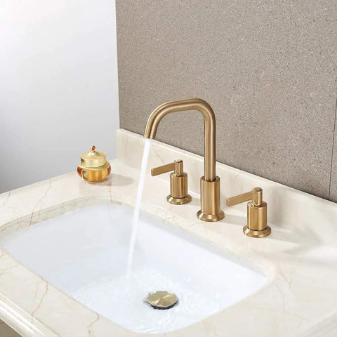 Two Handle Widespread Bathroom Sink Faucet With Pop Up Drain Brushed Gold 8 Inch 3 Hole Lavatory Faucet Easy Install With Quick Connect Hoses Solid Brass Waterways Lead Free Certification on marble sink