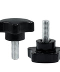 Front view: two black plastic star-hand tightening knobs with M8x20mm bolts for umbrella base replacement.