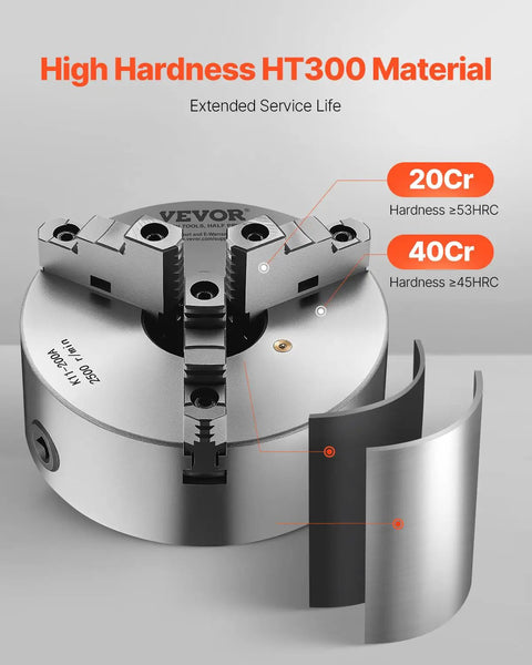 Precision 8 Inch 3 Jaw Lathe Chuck Self Centering Machine Tool With 2 1 4 In 8 Thread Base And T Wrench For Wood Metal Lathes Built Tough From Quench Hardened Cast Iron Delivers Rock Solid Grip Always showing high hardness HT300 material.