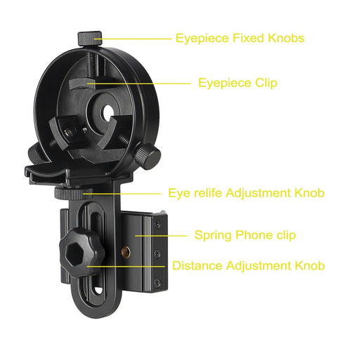 Phone Mount Adapter For Spotting Scopes And Binoculars, Quick Align And Easy Setup, visible knobs and clips for adjustments.