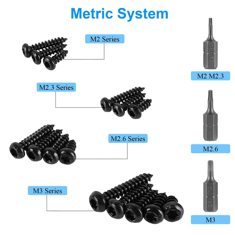 760 Pcs Heavy Duty Torx Star Drive Pan Head Self Tapping Wood Screws Black Carbon Steel showing M2, M2.3, M2.6, M3 series.