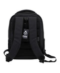 Back view of Smell Proof Executive Tech Adventure Backpack Hits Different With A Secret Combo Lock And Usb C Pass Through Port For Your Fifteen Inch Laptop In Clean Titanium Black Finish, featuring padded straps.