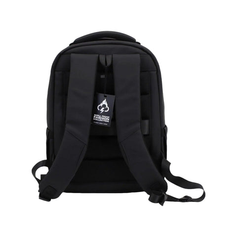 Back view of Smell Proof Executive Tech Adventure Backpack Hits Different With A Secret Combo Lock And Usb C Pass Through Port For Your Fifteen Inch Laptop In Clean Titanium Black Finish, featuring padded straps.