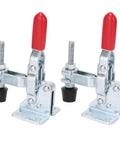 Two anti slip quick release toggle clamps for metal plates and circuit boards hold down fixture clamps with non slip grip.