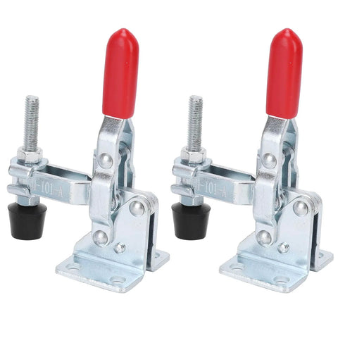 Two anti slip quick release toggle clamps for metal plates and circuit boards hold down fixture clamps with non slip grip.