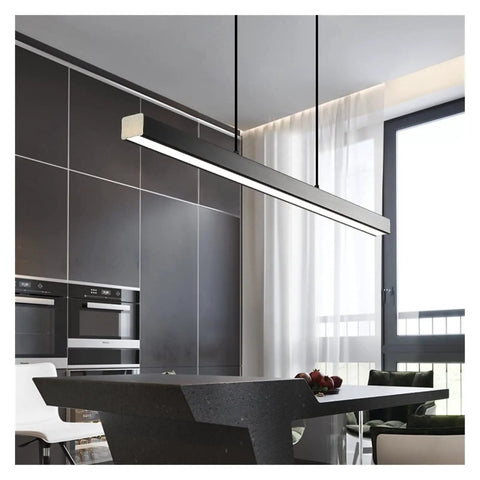 LED Long Modern Pendant Light Simple Style Droplight for Dining Room Restaurant Decoration Long Hanging Lamp Lighting Fixture in black over a kitchen island.
