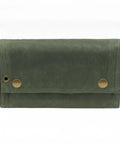 Closed view of Waxed Canvas Spice Roll Organizer For Camping And Travel with secure button closure