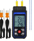Dual-channel K/J thermometer with four K-type thermocouples and backlit LCD display