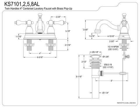 Dimensions and schematic of 4 Inch Centerset Bathroom Faucet In Brushed Nickel Finish, Solid Brass Construction, Drip Free Ceramic Cartridge