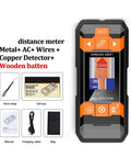 Pro Grade Digital Stud Finder And Wall Scanner Loaded With AC Wire Hunter Pipe Detector And Wood Moisture Meter showing LCD display and accessories.