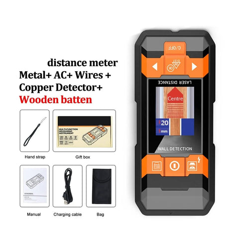 Pro Grade Digital Stud Finder And Wall Scanner Loaded With AC Wire Hunter Pipe Detector And Wood Moisture Meter showing LCD display and accessories.
