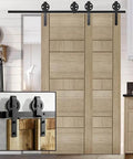 Heavy Duty Sliding Barn Door Hardware Kit With Big Rollers Bent Hanger System for Double Doors in black, installed in a kitchen.