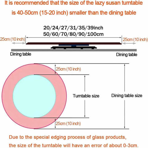 Size recommendation diagram for Hella Durable 40 Inch Lazy Susan Rotating Serving Tray Cut From Thick Sintered Stone.