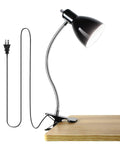 Eye-Caring Clip On Desk Lamp With 360 Degree Gooseneck Reading Light, black lamp clipped to a wooden desk, cord visible