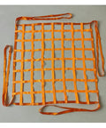 Flat nylon sling hoisting net, orange, 10 cm square mesh with edge lifting straps (front view).
