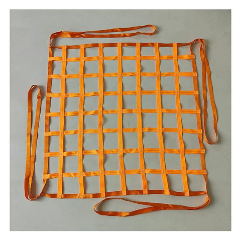 Flat nylon sling hoisting net, orange, 10 cm square mesh with edge lifting straps (front view).