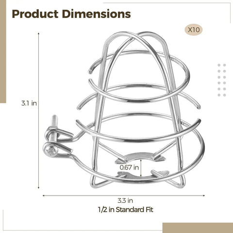 10 Pack Stainless Steel Fire Sprinkler Guard Cages for 1/2 Inch Heads with dimensions 3.1 in height and 3.3 in width.
