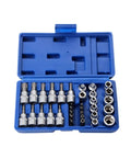Check out This Awesome 34 Pcs Torx Bit Socket And E-Torx Star Kit With Storage Box For Heavy Duty Jobs That Lets You Crush Rusted Bolts Like A Boss While Keeping Your Tools Organized And Ready To Go Anywhere Without Breaking A Sweat. blue plastic case with 34-piece steel Torx and E-Torx socket set