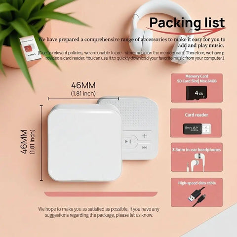 Packing list of Portable No Screen MP3 Player With Wired Headphones And Built In Speaker 4GB Memory Card showing accessories