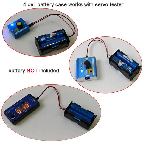 4 Cell 6V AA Battery Holder Case Cover Storage Box With 2P FUT J Plug Connector for RC projects, connected to servo tester.