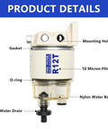 Marine Fuel Water Separator Kit For R12T 10 Micron Filter Replacement with labeled parts and transparent nylon water bowl