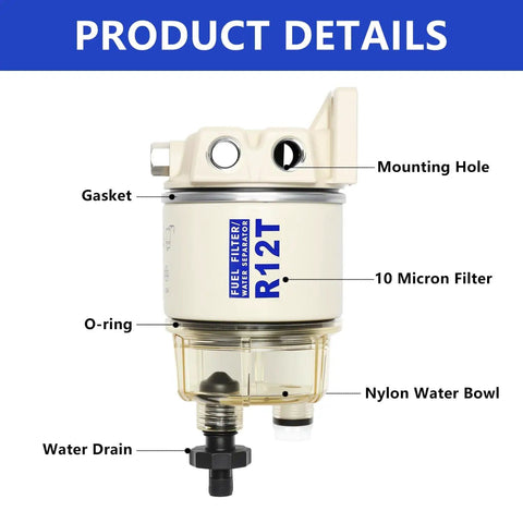Marine Fuel Water Separator Kit For R12T 10 Micron Filter Replacement with labeled parts and transparent nylon water bowl