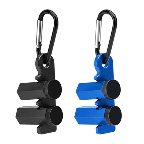 Built Rock Solid Aluminum Stair Gauges For Framing Square Non Slip Layout Stops With Carry Holder Heavy Duty Carpenter Marking Tools Dead On Accuracy Smooth Woodworking Setup Blue, featuring blue and black gauges with carabiner.