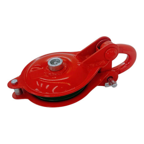 Beefed Up Yarding Block With Side Opening Link 4 Inch Single Sheave Red Powder Coat Fits 9 mm Rope 2200 Lbs Working Load Limit Ideal For Rigging And Quick Rope Insertion