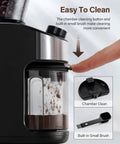 Real Deal Flat Burr Coffee Bean Grinder Built Rock Solid With 32 Crisp Grind Settings And 40 Second Timer For Drip Pour Over French Press Cold Brew And Espresso showing chamber cleaning button and small brush.