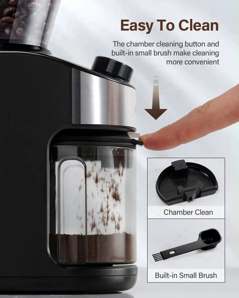 Real Deal Flat Burr Coffee Bean Grinder Built Rock Solid With 32 Crisp Grind Settings And 40 Second Timer For Drip Pour Over French Press Cold Brew And Espresso showing chamber cleaning button and small brush.