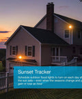 House exterior at sunset with Caseta Deluxe Smart Switch Kit controlling outdoor lights, highlighting smart home lighting system.
