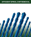 Front view of a 10-piece blue masonry drill bit set with spiral flutes and carbide tips, sizes 3/16–1/2 inch