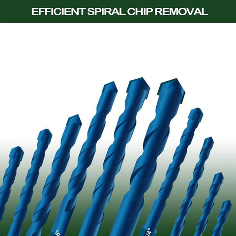 Front view of a 10-piece blue masonry drill bit set with spiral flutes and carbide tips, sizes 3/16–1/2 inch