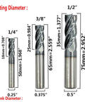 Set of five carbide square-end mills, AlTiN-coated, 4-flute; sizes 1/4, 3/8, 1/2, 5/8, 3/4 in.