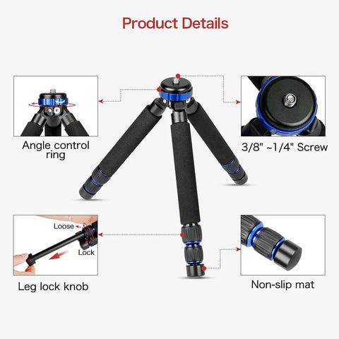 Built Different Mini Tripod Lightweight Aluminum Construction With Quarter And Half Inch Threads showcases angle control ring and leg lock knob.