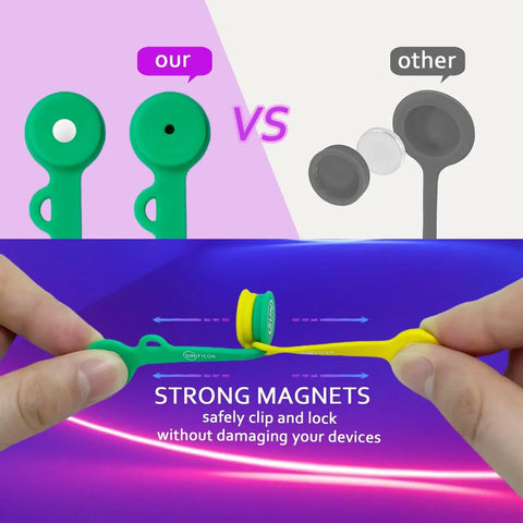 Comparison of 5 Pack Silicone Cable Cord Organizers Magnetic Clips vs competitor with strong magnets securing cables.
