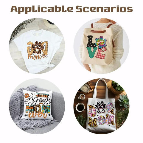 4 Pack Dog Mom Iron On Transfer Patches Set For DIY Tees Hoodies Bags Jackets Colorful Heat Transfer Stickers shown on fabric items
