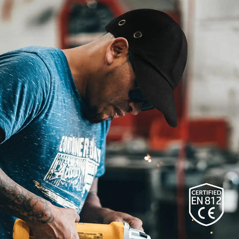 Man wearing Workhorse Lightweight Safety Bump Cap With Removable ABS Insert For Men And Women Baseball Style Head Protection Hat.