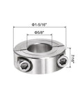 Two-Piece Clamp-On Shaft Collar For 5/8 Inch Shafts, Double Split Design, 1-5/16 Inch Outer Diameter, 7/16 Inch Width, 304 Stainless Steel Axle Collar With Set Screw, High Locking Force, Anti-Corrosion, Positioner Stop, shown with dimensions