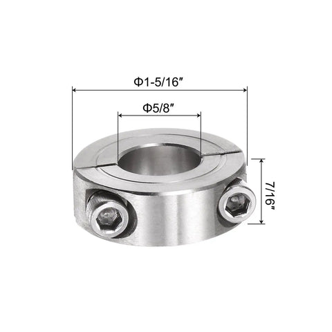 Two-Piece Clamp-On Shaft Collar For 5/8 Inch Shafts, Double Split Design, 1-5/16 Inch Outer Diameter, 7/16 Inch Width, 304 Stainless Steel Axle Collar With Set Screw, High Locking Force, Anti-Corrosion, Positioner Stop, shown with dimensions