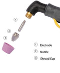 Exploded view of Pro Grade Plasma Cutter Consumables Kit 22 Piece with tips, electrodes, and shield cup for SG-55 AG-60 WSD-60 Torch.